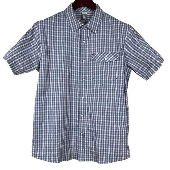 Stio Curtis Camp Pearl Snap Shirt Mens M Gray Check Short Sleeve UPF HIking - Picture 2 of 8